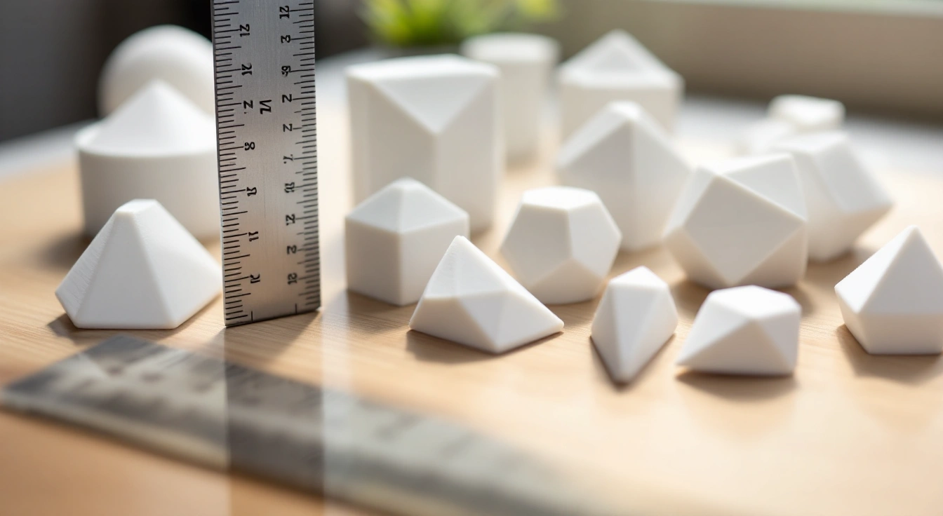 Small plain plastic pieces beside a ruler on a workbench.