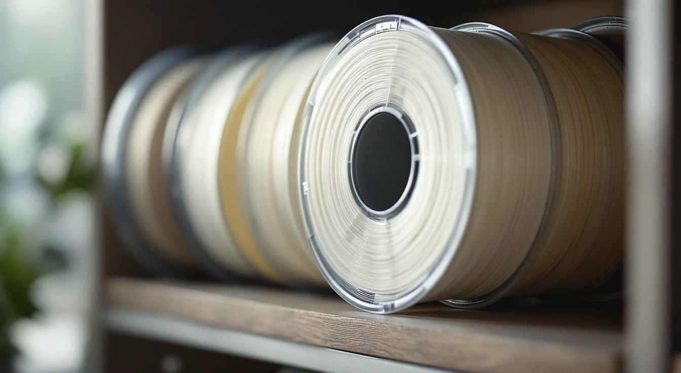 An unbranded filament spool stored in a clean cabinet