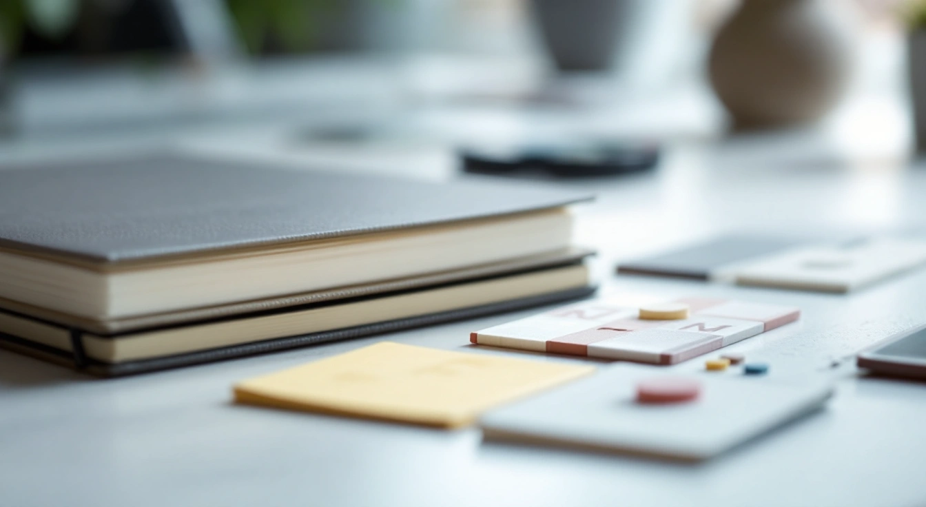 Closed notebooks beside small plain plastic samples