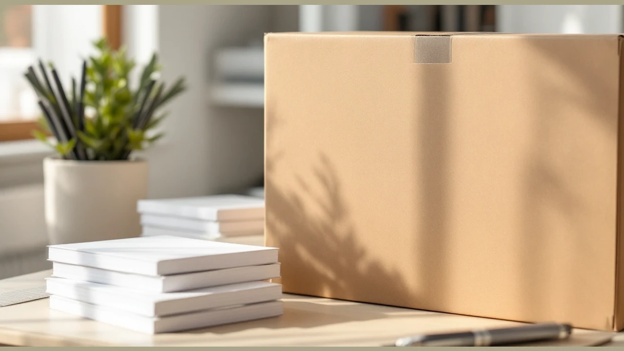 An unopened cardboard package on a desk beside blank books; an illustrative setup scene.