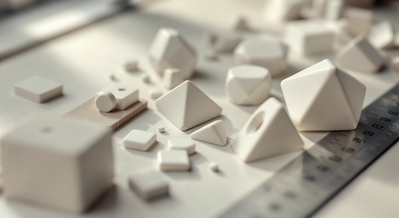 Plain geometric plastic pieces beside a ruler on a workbench.