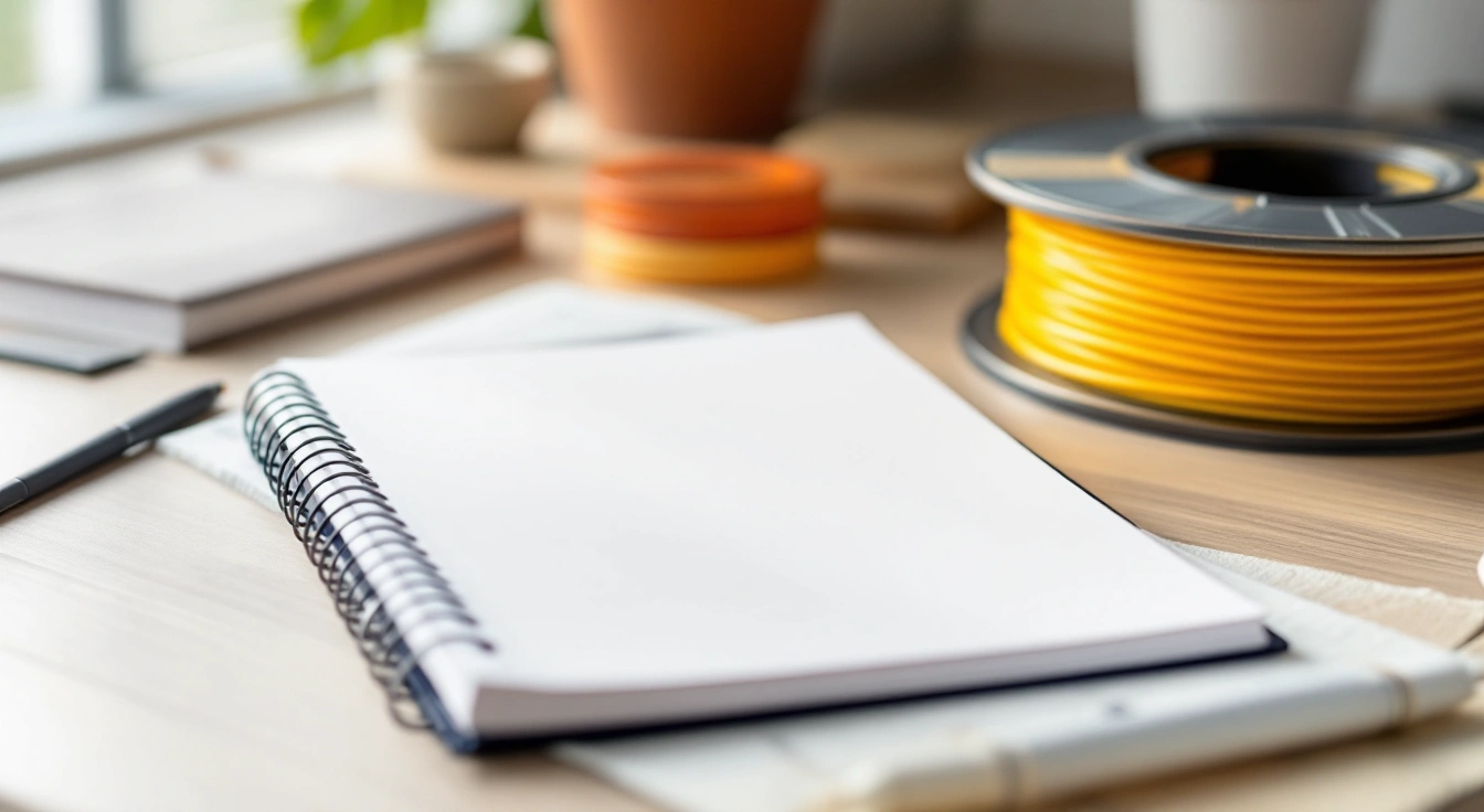 A blank notebook beside unbranded filament on a maker bench