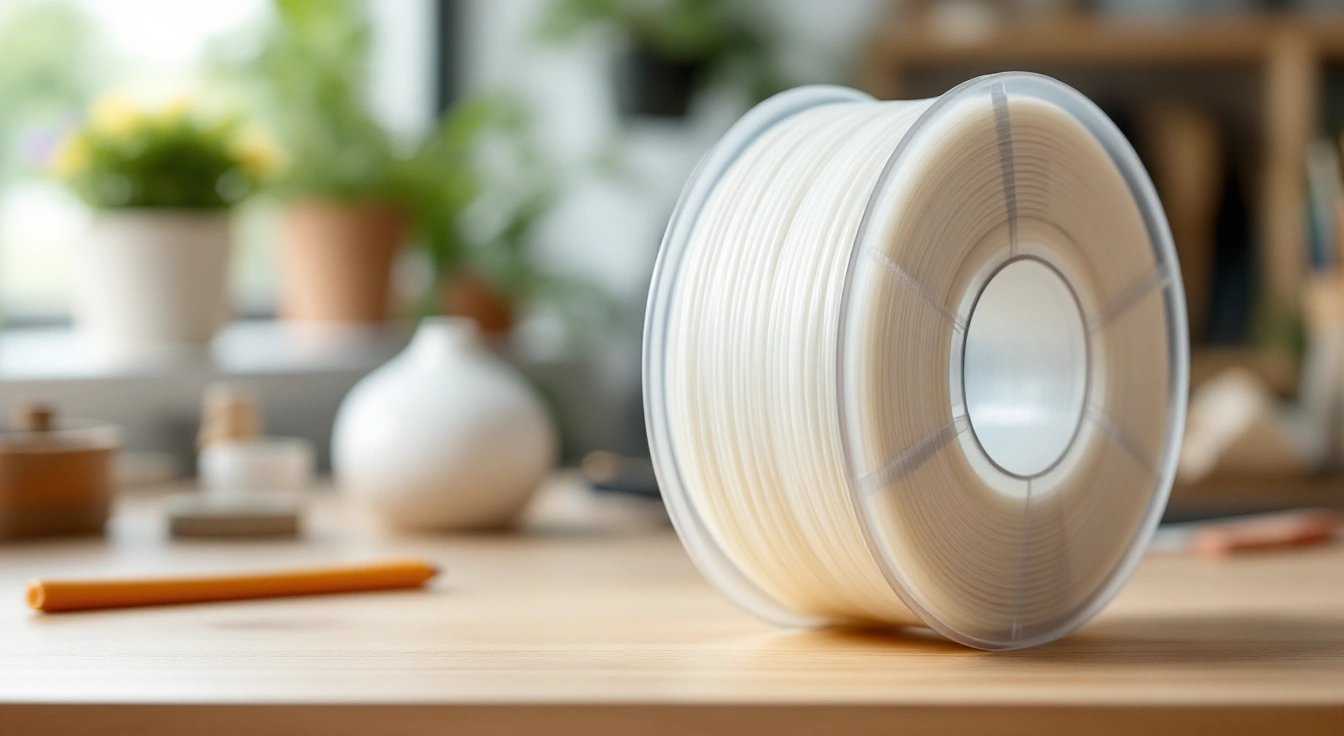 A plain unbranded filament spool on a bright work bench