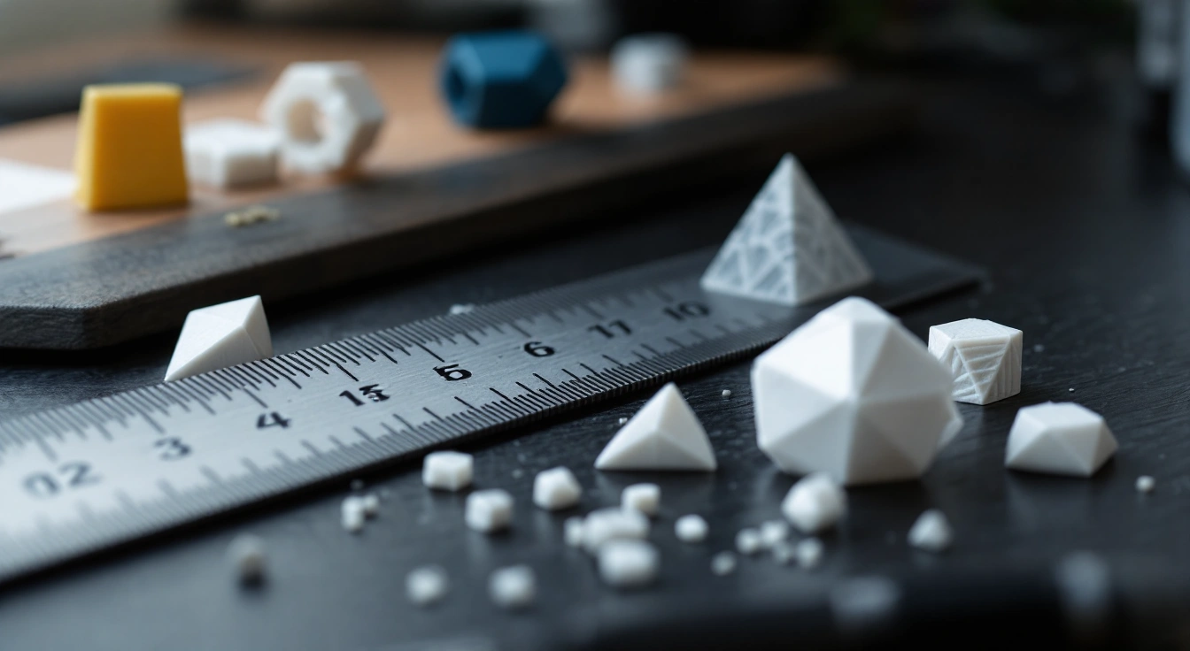 Small plain plastic pieces beside a ruler on a work mat