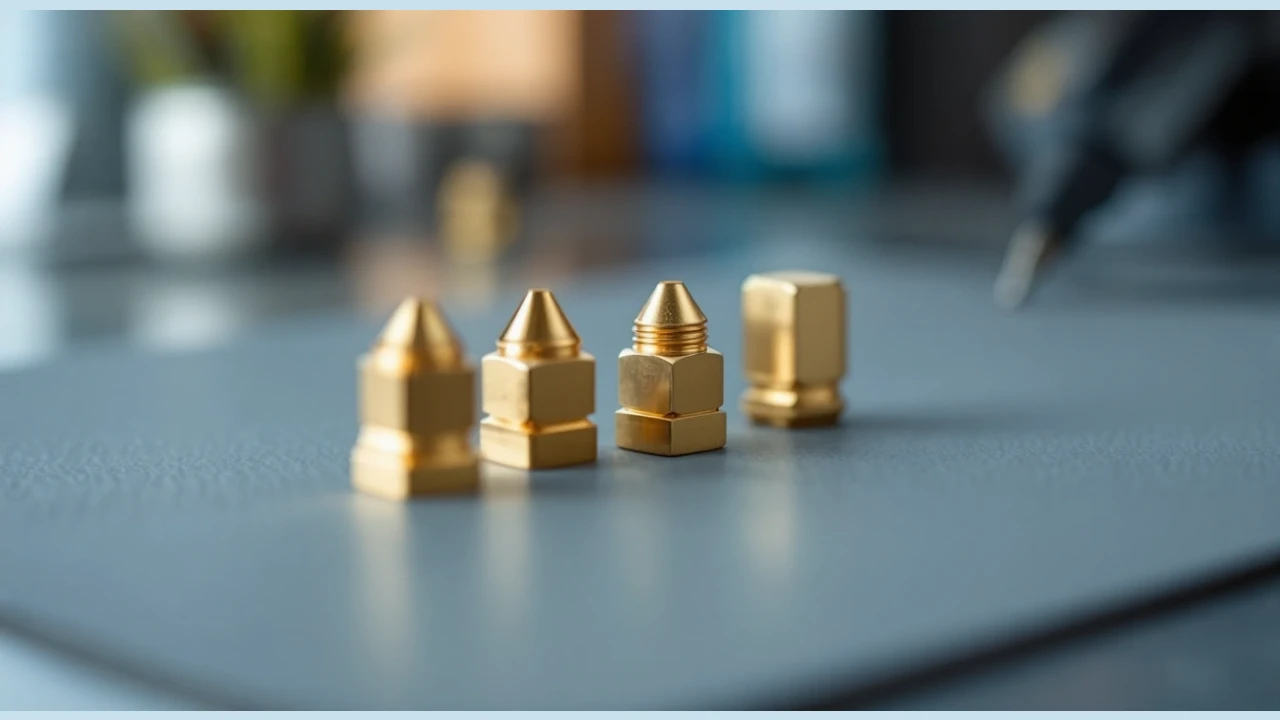 Small brass-colored nozzle shapes arranged on a bench.