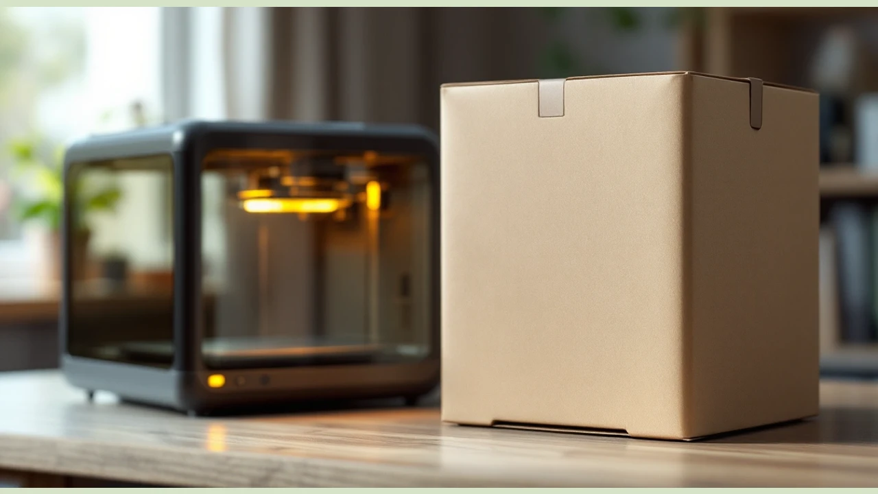 An unbranded desktop printer beside an unopened cardboard box.