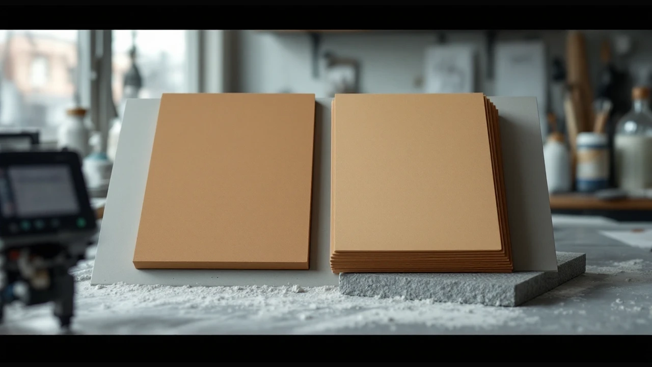 Two plain abrasive sheets standing on a workshop bench.