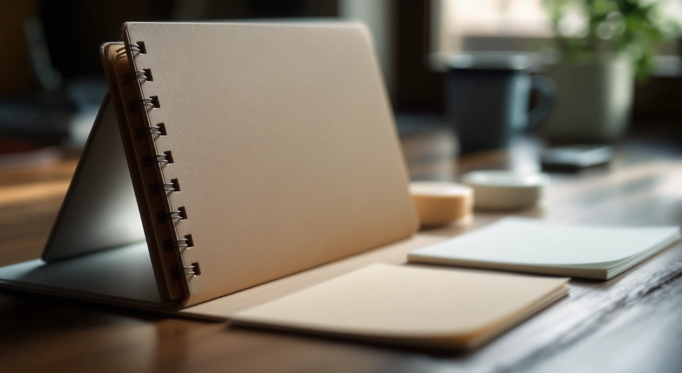 Blank notebooks and simple writing tools on a work bench