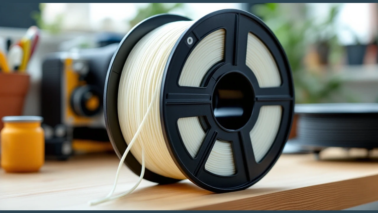 A filament spool beside loose material on a maker bench.