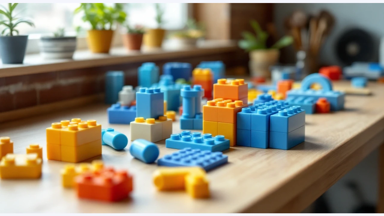 Colorful model blocks arranged on a bright workbench.