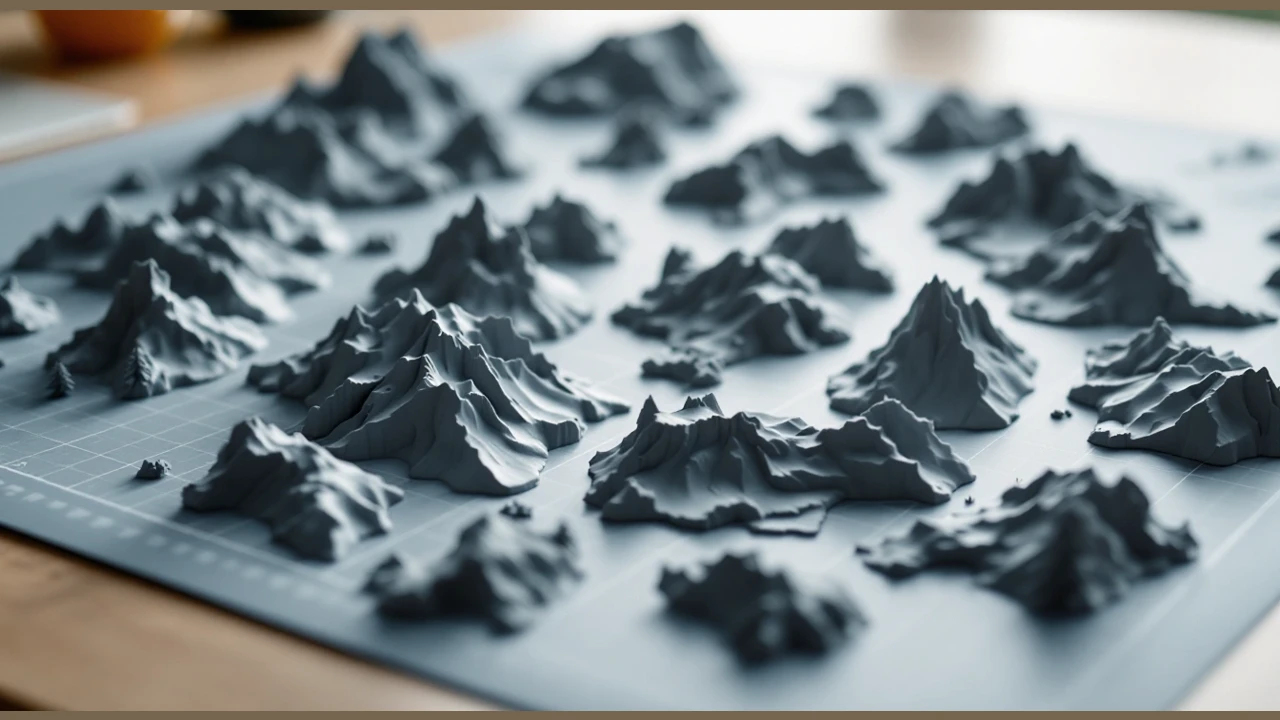 Small unpainted terrain models arranged on a cutting mat.