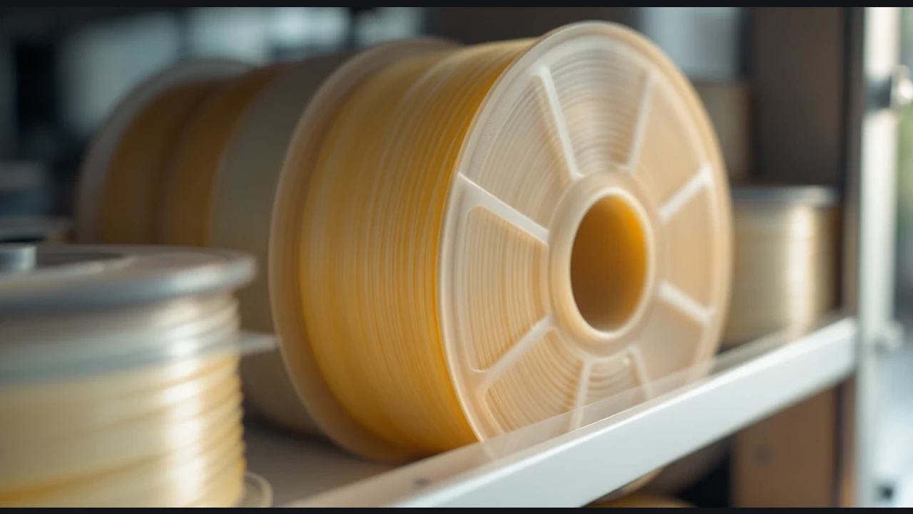 Plain filament spools on a storage shelf.