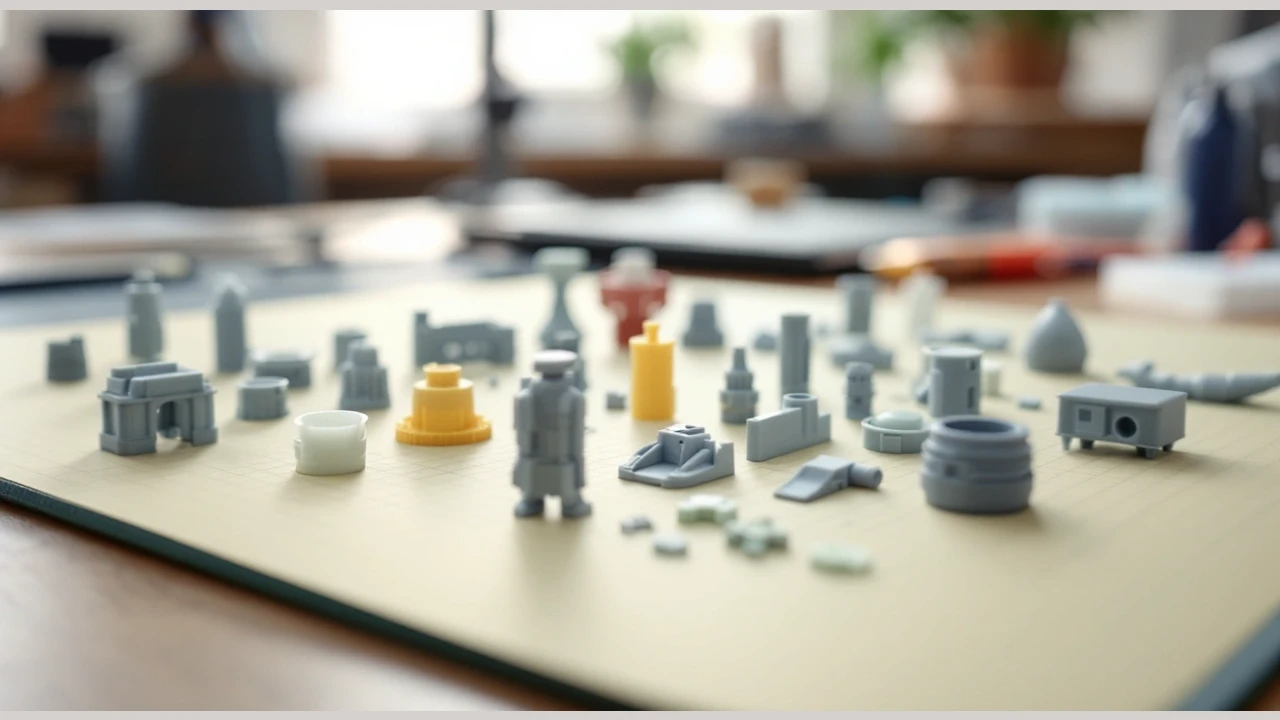 A variety of small printed shapes on a tabletop.