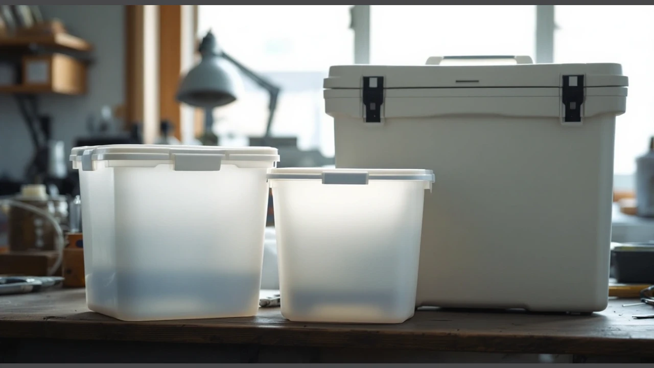 Plain lidded storage containers beside a closed tool case.