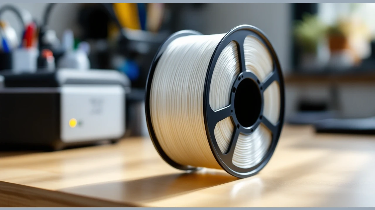 A plain filament spool on a bright workbench.