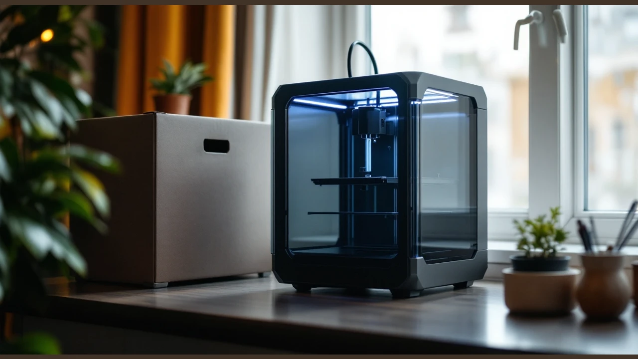 An unbranded desktop printer on a bright desk; an illustration, not a Bambu model photo.