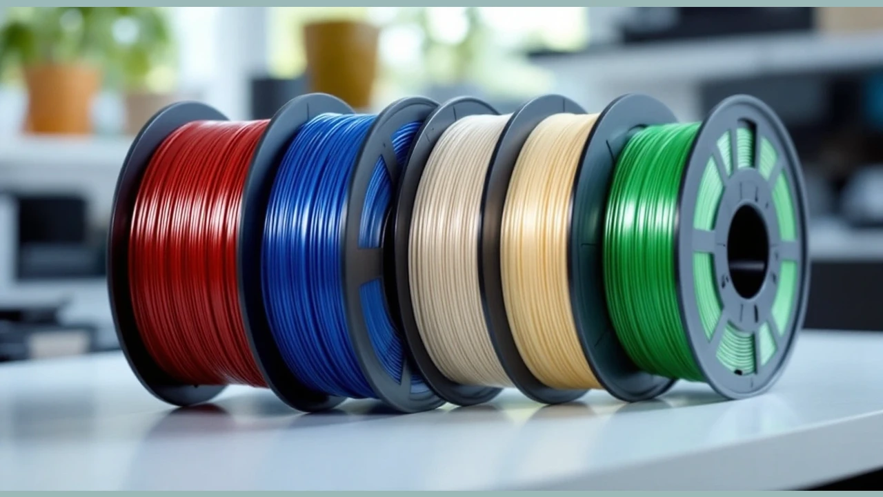 Filament spools in several colors arranged on a bright bench.