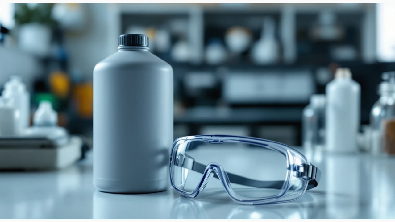 A plain opaque bottle beside protective goggles on a work surface.