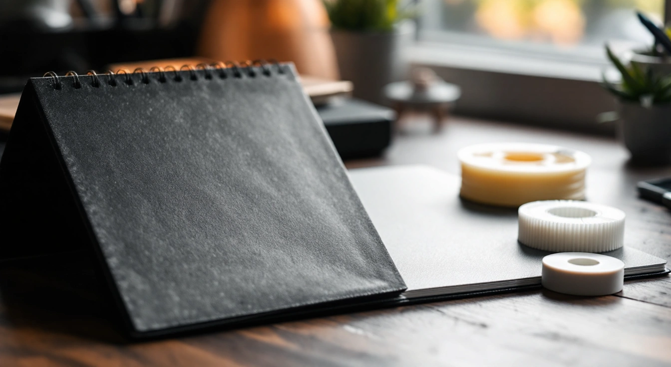 A blank dark notebook beside small plain ring-shaped samples