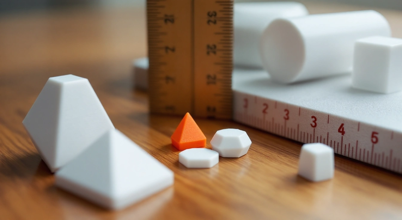 Small plain geometric pieces beside two rulers on a workbench.