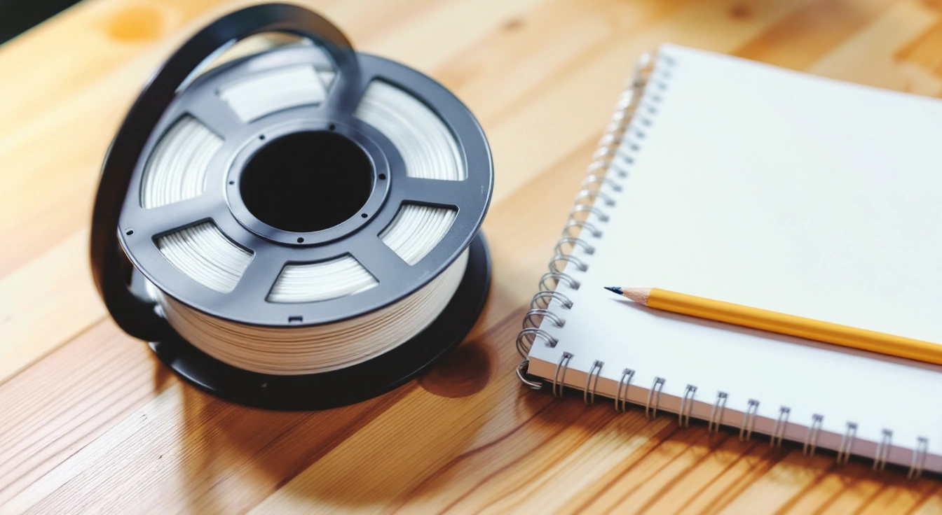 A plain filament spool beside a blank notebook and pencil