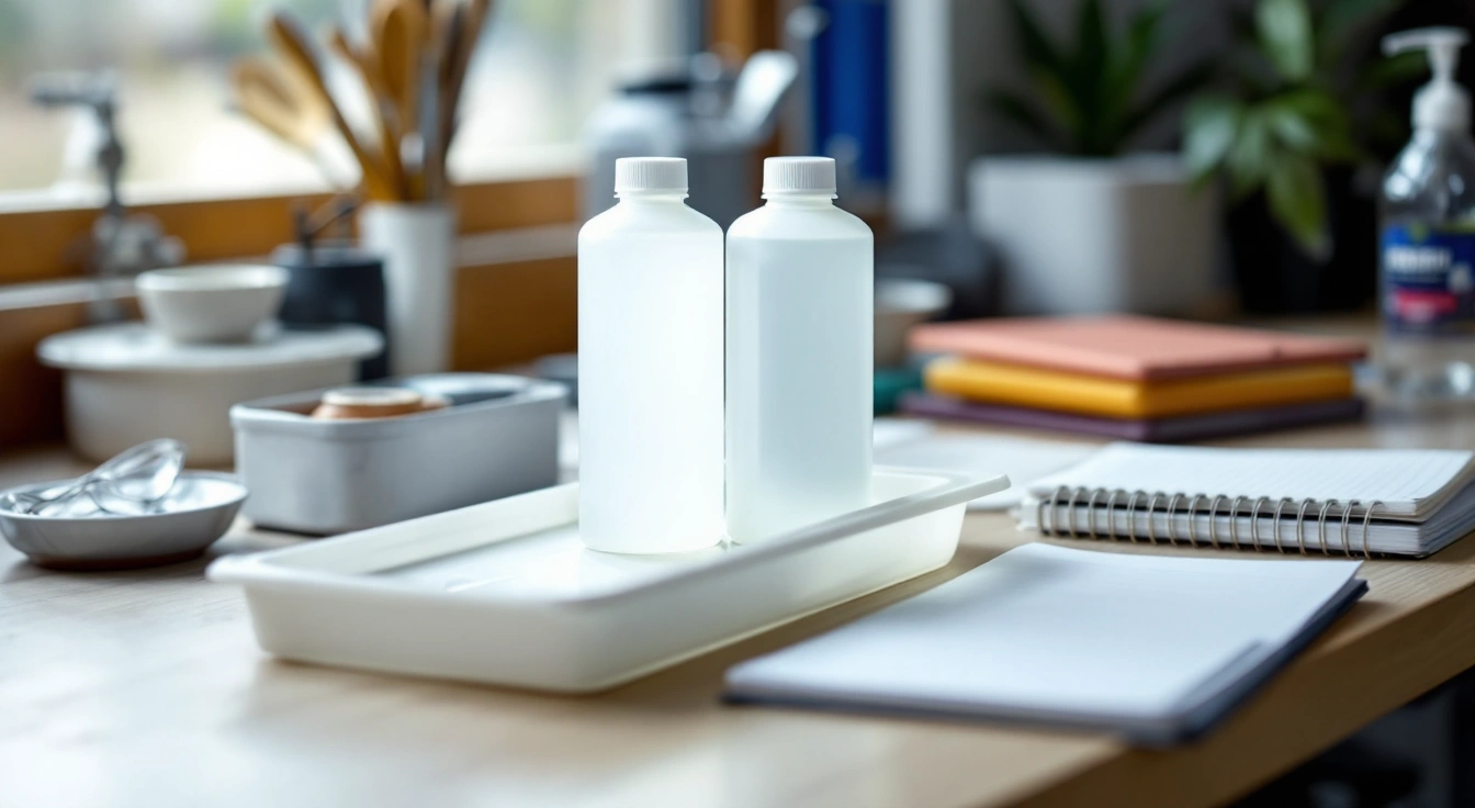 Two closed unmarked bottles in a white tray beside blank notebooks